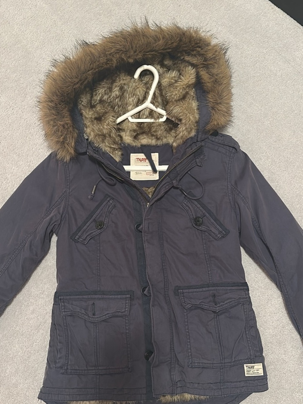 TNA Navy Utility Parka with Brown Faux-Fur Hood